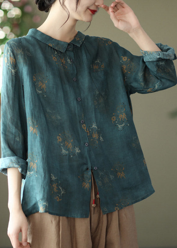 Retro Peacock Green-dark pattern Peter Pan Collar Print Button Wrinkled Shirts Long Sleeve