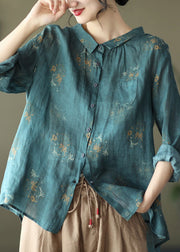 Retro Peacock yellow Peter Pan Collar Print Button Wrinkled Shirts Long Sleeve