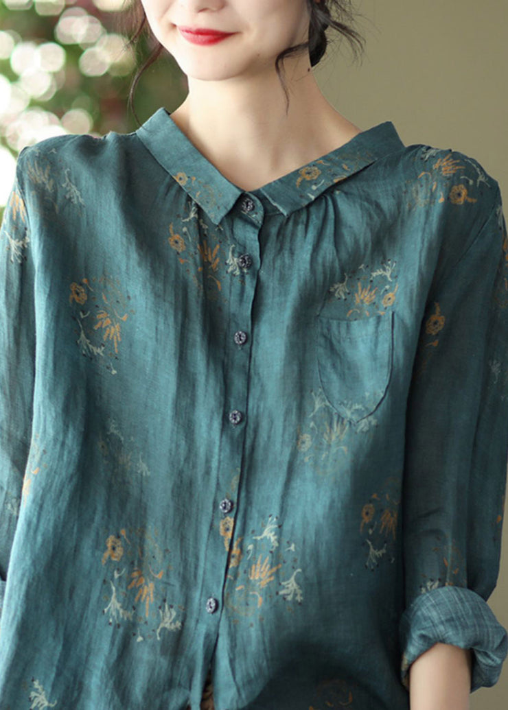 Retro Peacock grey Peter Pan Collar Print Button Wrinkled Shirts Long Sleeve