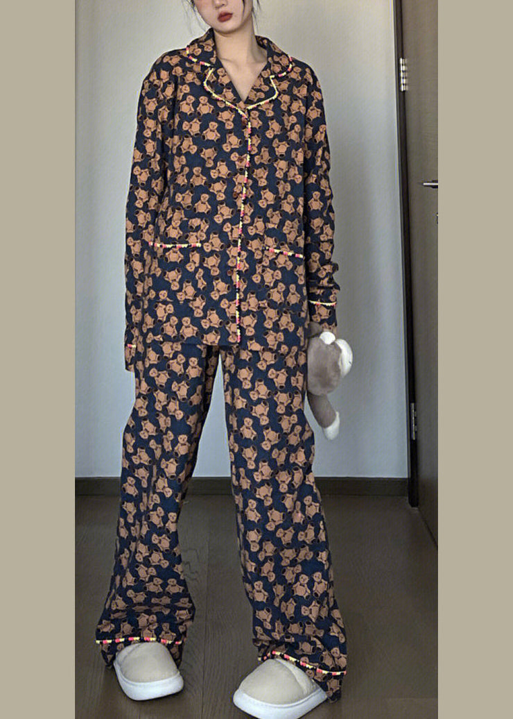 Retro Peter Pan Collar Print Button Pajamas Two Piece Set Spring