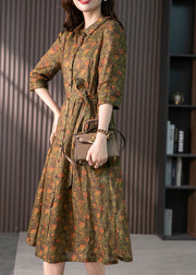 Retro Peter Pan Collar Print Button Slim Linen Maxi Dress Half Sleeve