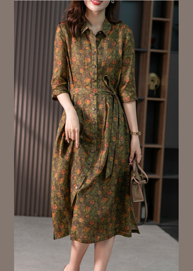 Retro Peter Pan Collar Print Button Slim Linen Maxi Dress Half Sleeve