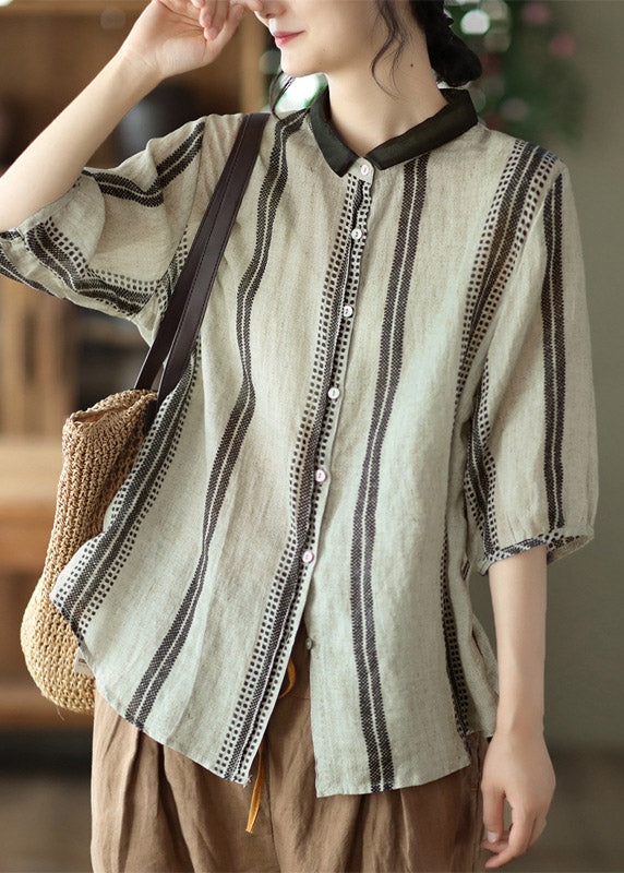 Retro Peter Pan Collar Striped Button Linen Shirt Half Sleeve