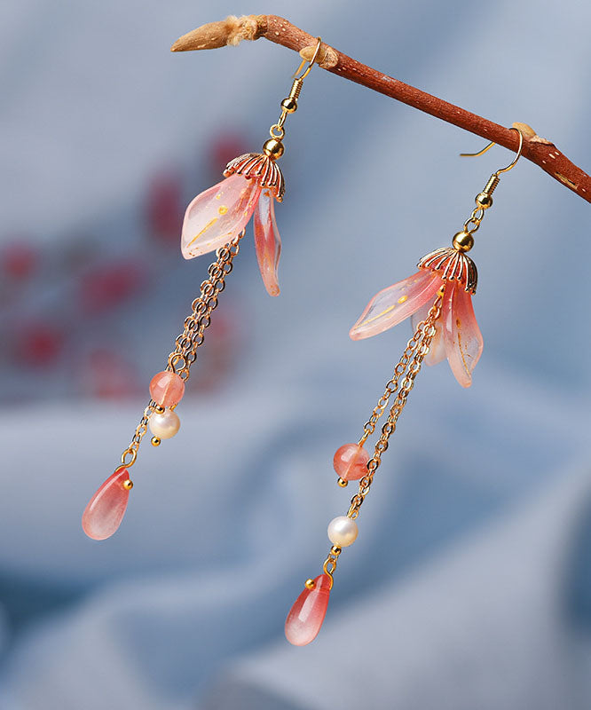 Retro Pink Coloured Glaze Lily Flower Pearl Drop Earrings