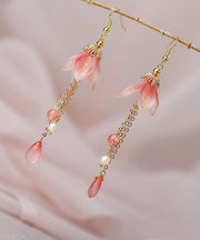 Retro Pink Coloured Glaze Lily Flower Pearl Drop Earrings