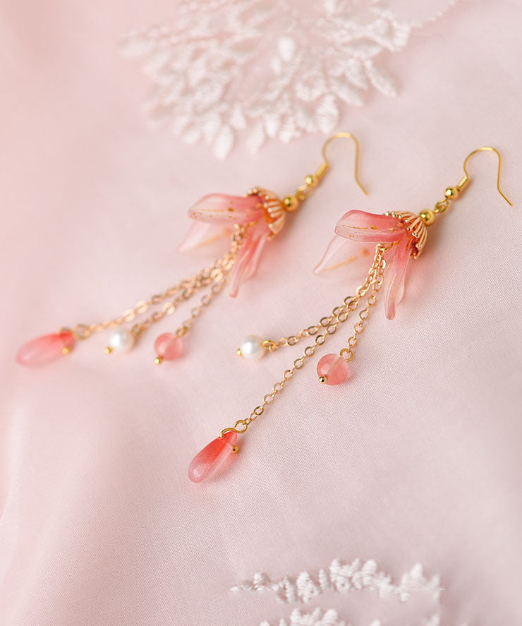 Retro Pink Coloured Glaze Lily Flower Pearl Drop Earrings