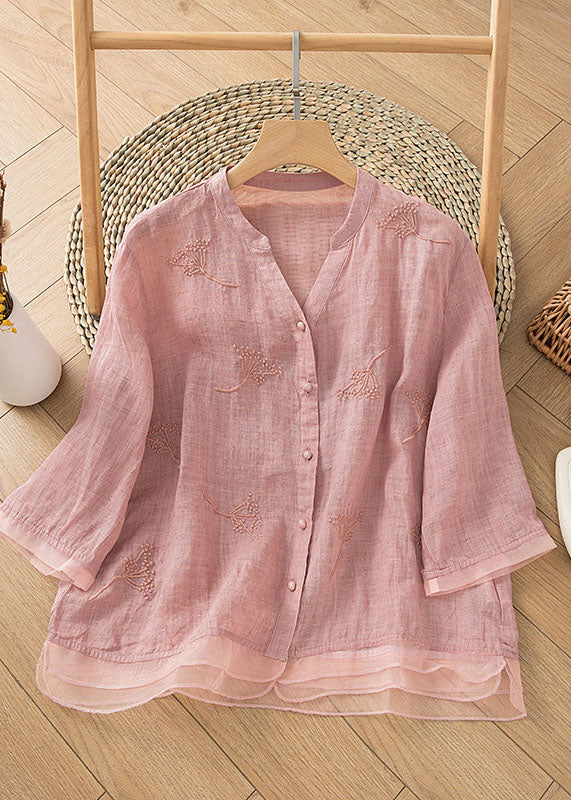 Retro Pink Embroideried Button Patchwork Linen Shirt Top Summer