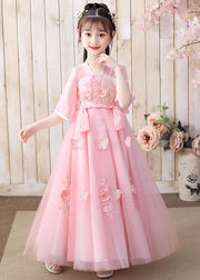 Retro Pink Floral Butterfly Embroideried Patchwork Chiffon Kids Girls Long Dresses Summer