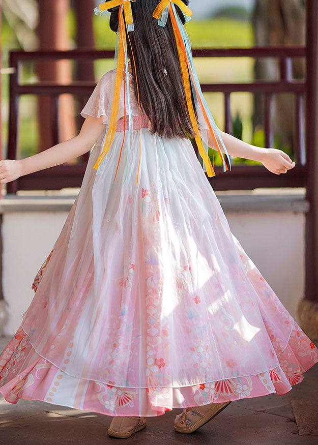 Retro Pink Print Wrinkled Patchwork Chiffon Kids Girls Long Dresses Summer