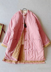 Retro Pink Stand Collar Pockets Fine Cotton Filled Plus Size Coat Winter