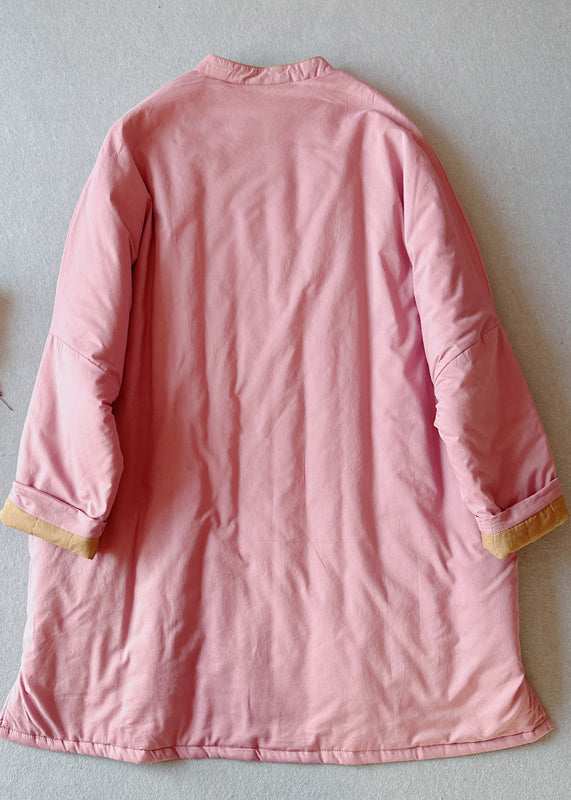 Retro Pink Stand Collar Pockets Fine Cotton Filled Plus Size Coat Winter