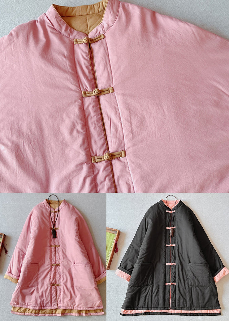 Retro Pink Stand Collar Pockets Fine Cotton Filled Plus Size Coat Winter