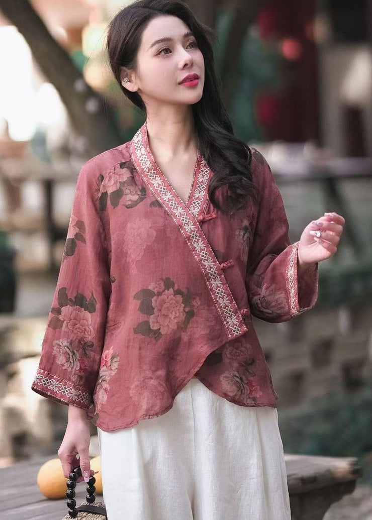 Retro Pink V Neck Embroideried Chinese Button Patchwork Linen Top Spring