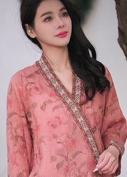 Retro Pink V Neck Embroideried Chinese Button Patchwork Linen Top Spring