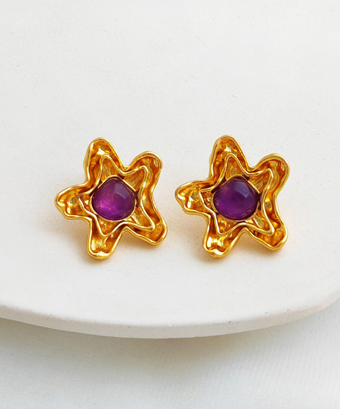 Retro Purple Copper Overgild Resin Star Stud Earrings