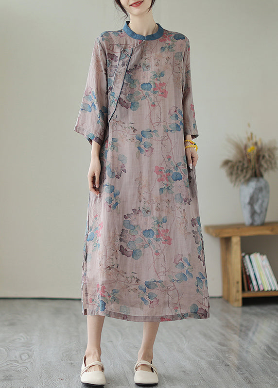 Retro Purple Grey Print Side Open Linen Long Dresses Summer