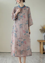 Retro Purple Grey Print Side Open Linen Long Dresses Summer