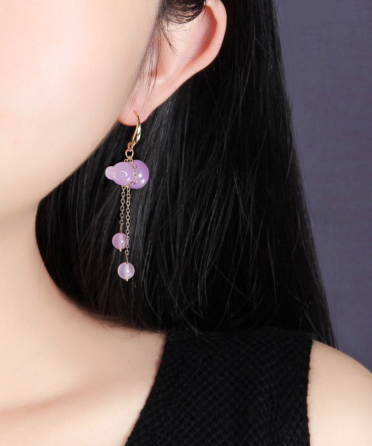 Retro Purple Overgild Chalcedony Tassel Gourd Drop Earrings