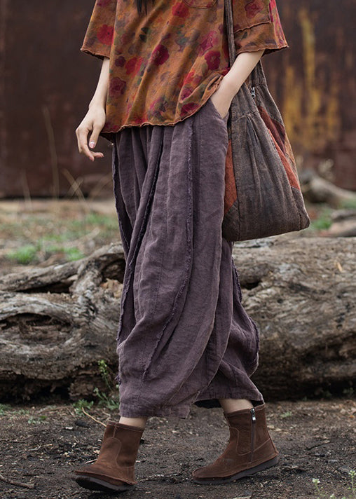 Retro Purple Pockets Elastic Waist Linen Crop Pants Summer