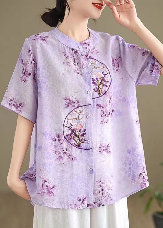 Retro Purple Stand Collar Embroidered Cotton Shirt Summer