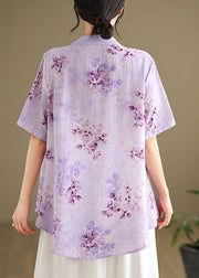 Retro Purple Stand Collar Embroidered Cotton Shirt Summer