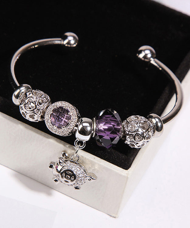 Retro Purple Sterling Silver Zircon Crystal Little Pig Tassel Cuff