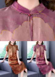 Retro Purple Tasseled Print Patchwork Silk Dresses Summer