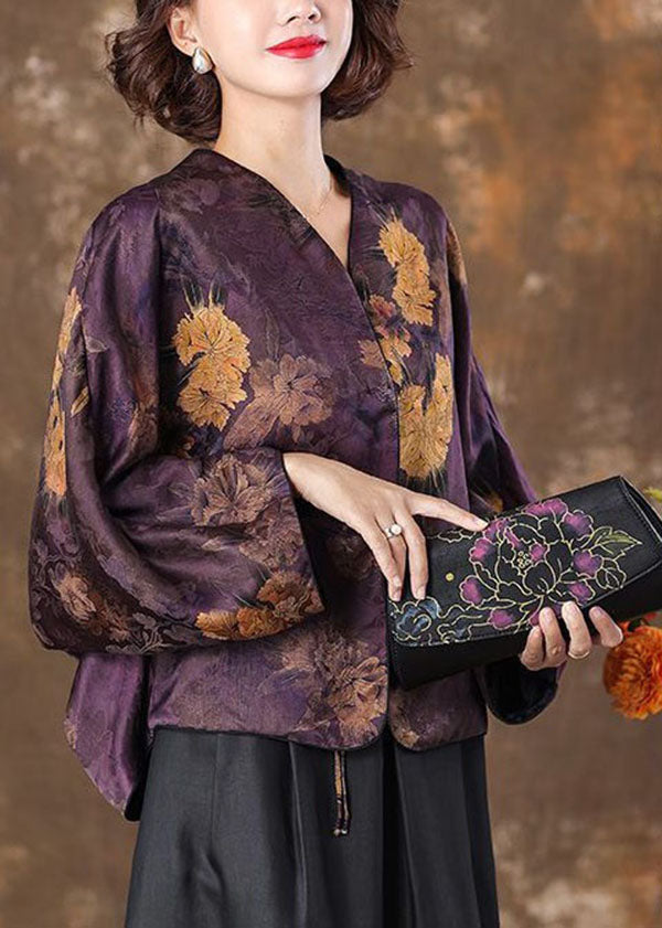 Retro Purple V Neck Print Patchwork Silk Coat Batwing Sleeve