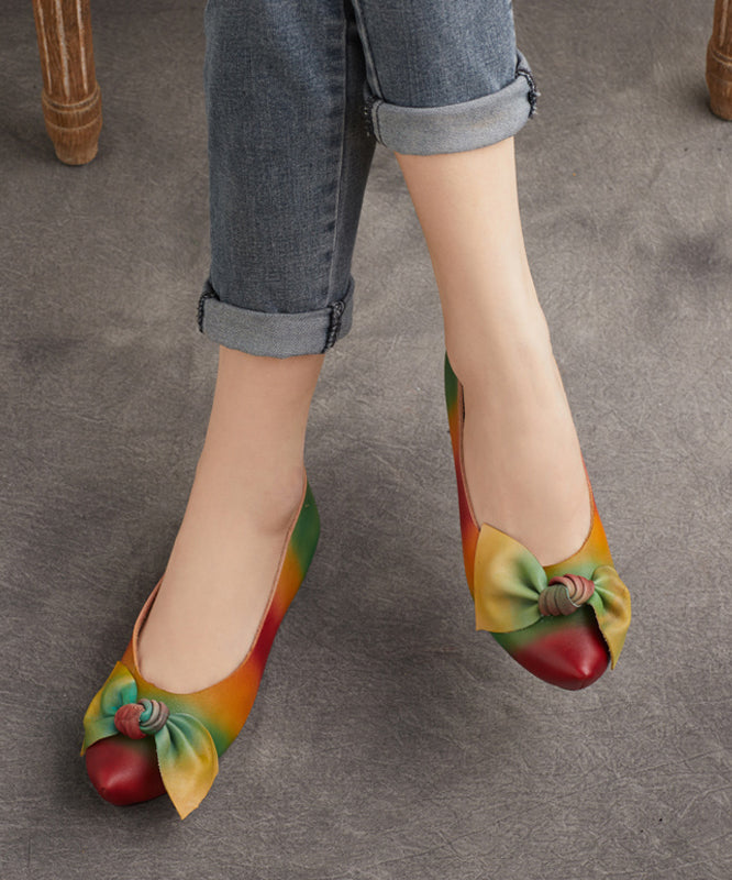 Retro Rainbow Bow Cowhide Leather Comfortable High Wedge Heels Shoes