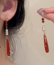 Retro Red Alloy Acrylic Pearl Agate Drop Earrings