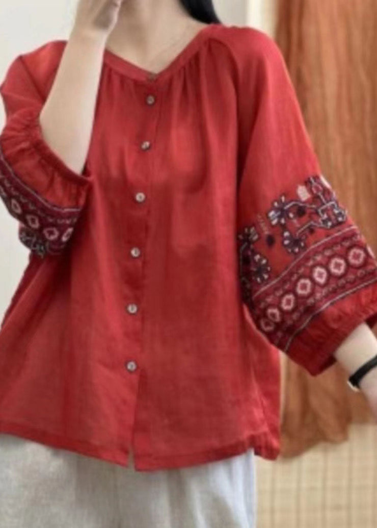 Retro Red Embroideried Button Patchwork Linen Shirt Top Lantern Sleeve