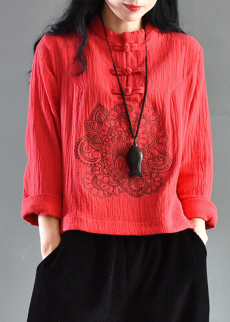 Retro Red Embroideried Chinese Button Patchwork Linen Shirts Spring