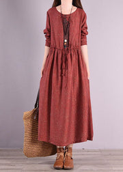 Retro Red O Neck Drawstring Patchwork Linen Long Dresses Spring