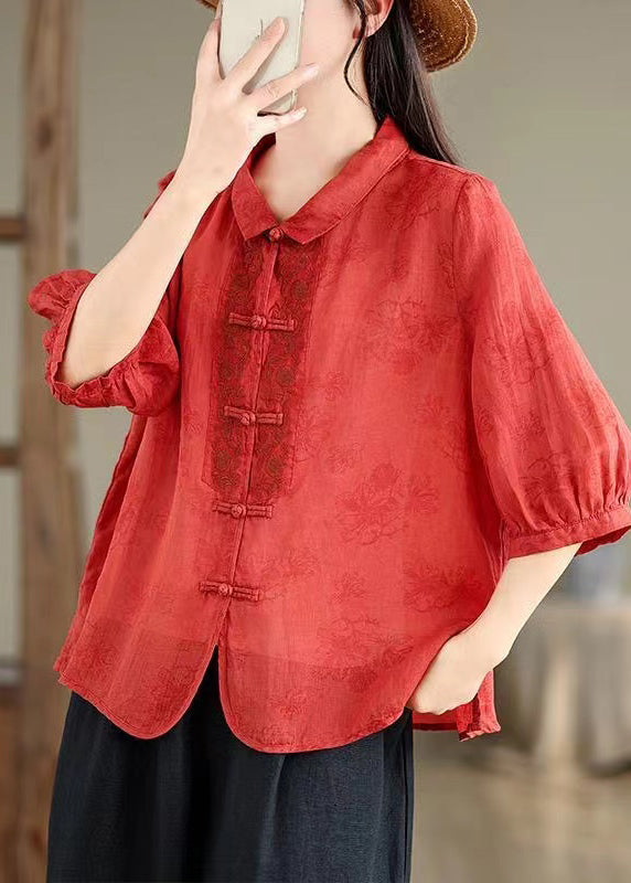 Retro Red Peter Pan Collar Embroidered Shirt Bracelet Sleeve