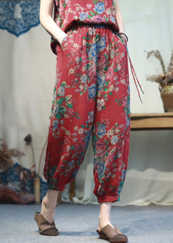 Retro Red Pockets Print Elastic Waist Drawstring Cotton Beam Pants Fall