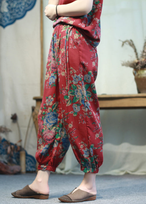 Retro Red Pockets Print Elastic Waist Drawstring Cotton Beam Pants Fall