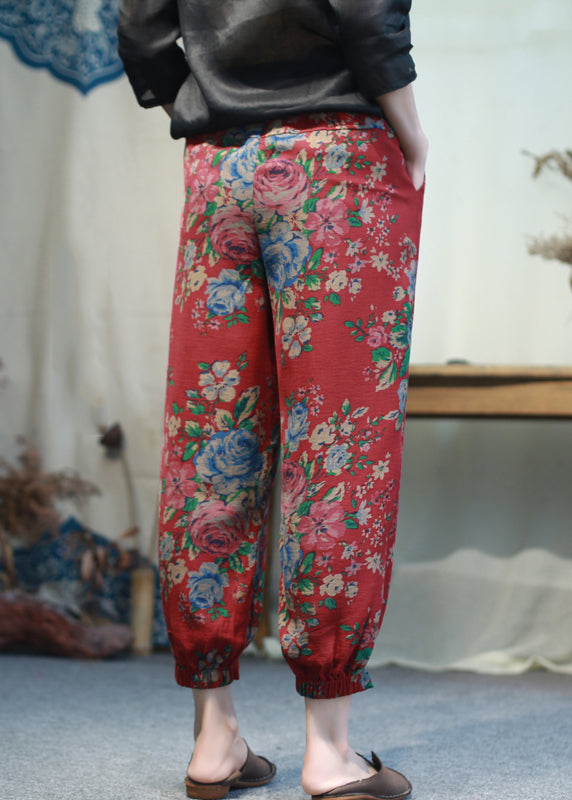 Retro Red Pockets Print Elastic Waist Drawstring Cotton Beam Pants Fall