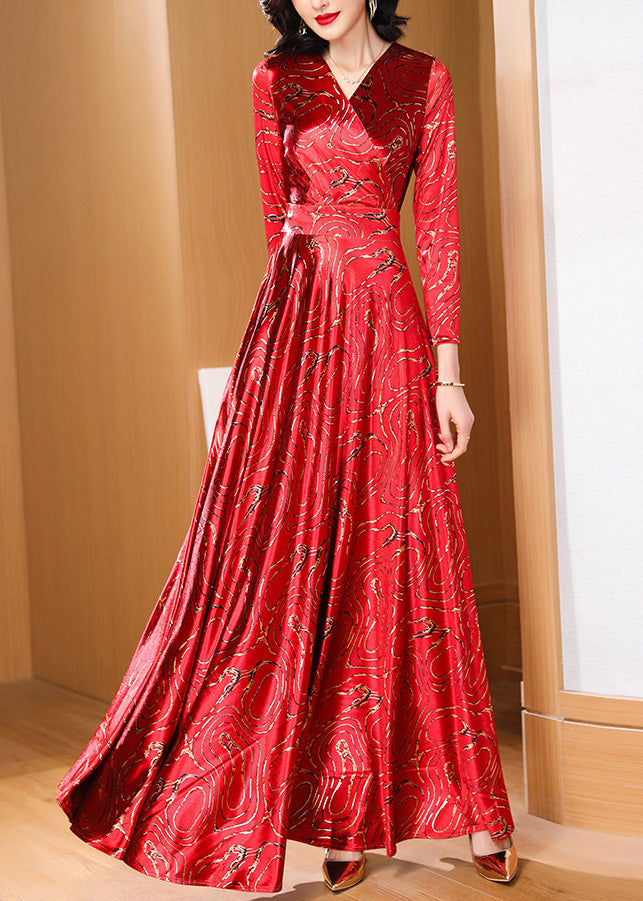 Retro Red Print Slim Fit Satin Long Dresses Spring