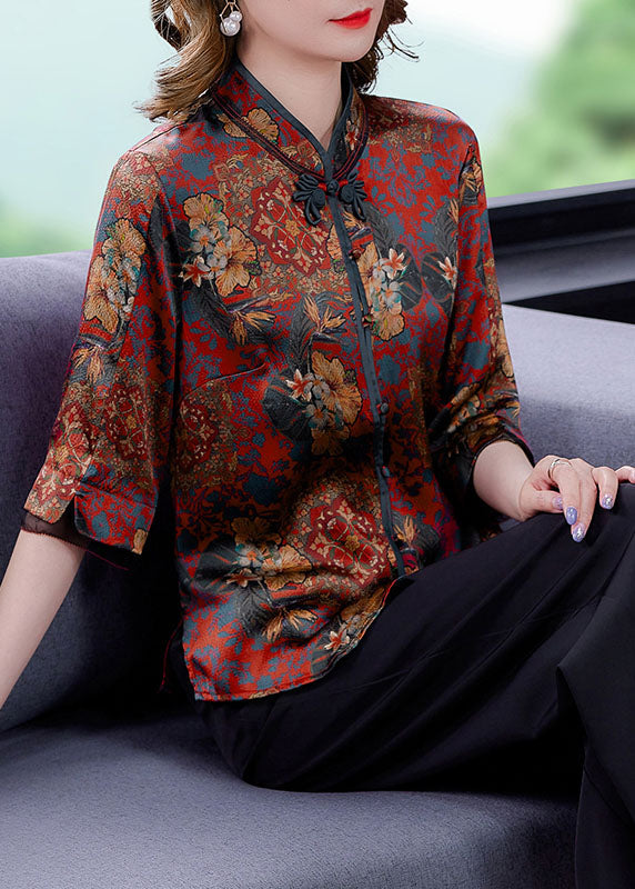 Retro Red Stand Collar Print Chinese Button Silk Shirt Summer