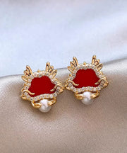 Retro Red Sterling Silver Overgild Zircon Pearl Stud Earrings