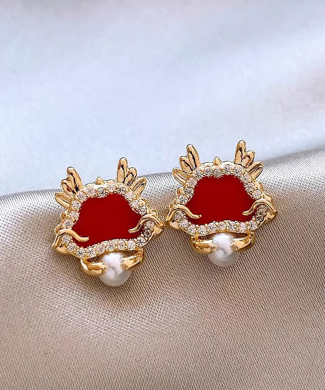 Retro Red Sterling Silver Overgild Zircon Pearl Stud Earrings