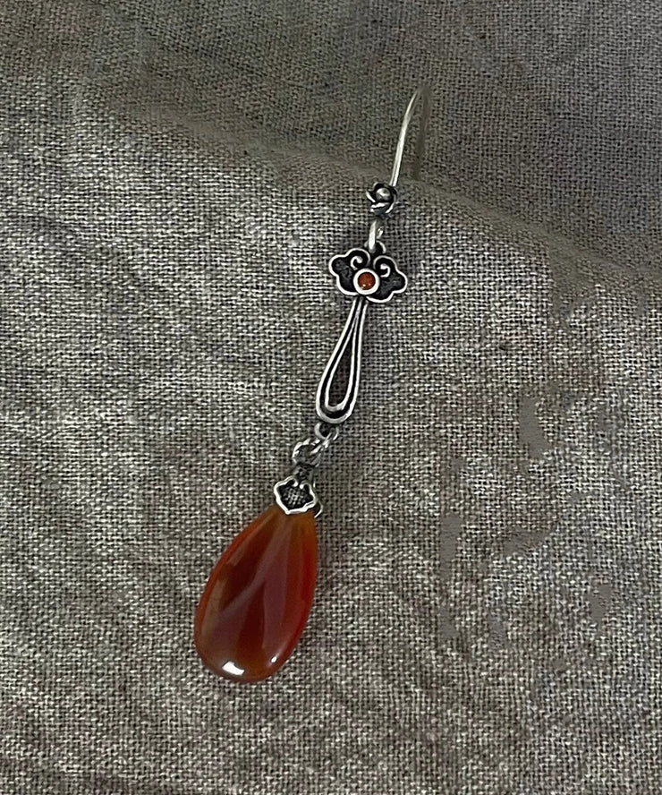 Retro Red Sterling Silver Water Drop Red Agate Drop Earrings