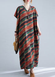 Retro Red V Neck Striped Print Cotton Maxi Dresses Short Sleeve