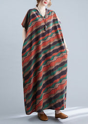 Retro Red V Neck Striped Print Cotton Maxi Dresses Short Sleeve