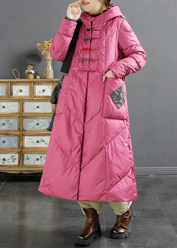 Retro Rose Hooded Pockets Chinese Button Duck Down Puffers Coat Winter