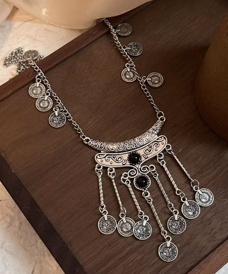 Retro Silk Alloy Tassel Carving Flowers Pendant Necklace