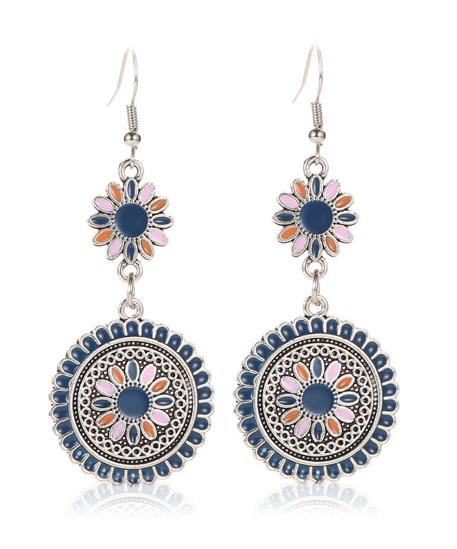 Retro Silk Sterling Silver Alloy Floral Cloisonne Drop Earrings