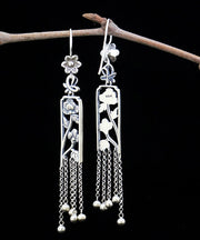 Retro Silk Sterling Silver Hollow Out Peony Tassel Drop Earrings