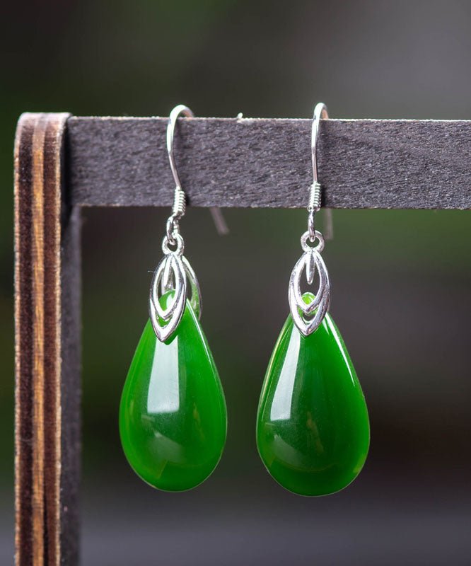 Retro Silk Sterling Silver Inlaid Jade Water Drops Drop Earrings