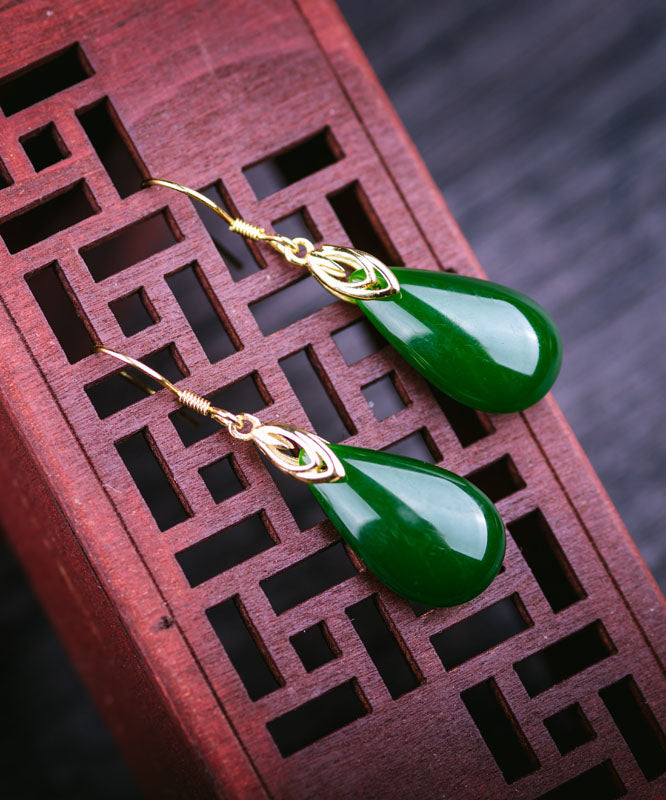 Retro Silk Sterling Silver Inlaid Jade Water Drops Drop Earrings